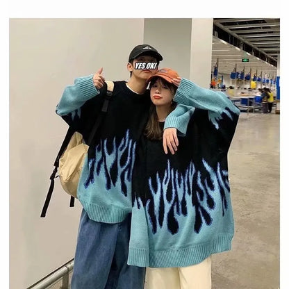 Hip Hop Mens Streetwear Harajuku Knitted Sweater Blue Fire Flame 2026 Autumn Sweater Pullover Loose HipHop Retro Vintage