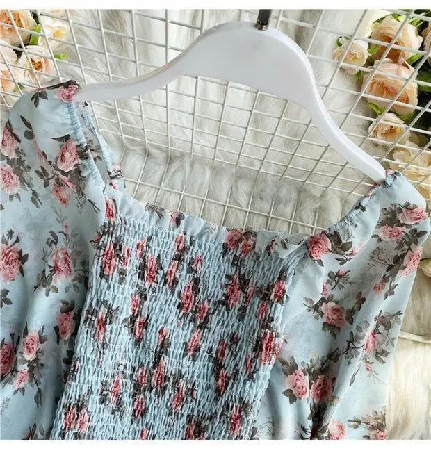 Blouse Women Autumn Retro Sexy Square-Neck Chiffon Shirt Long Sleeve Women's High Waist Short Blusas Ropa De Mujer