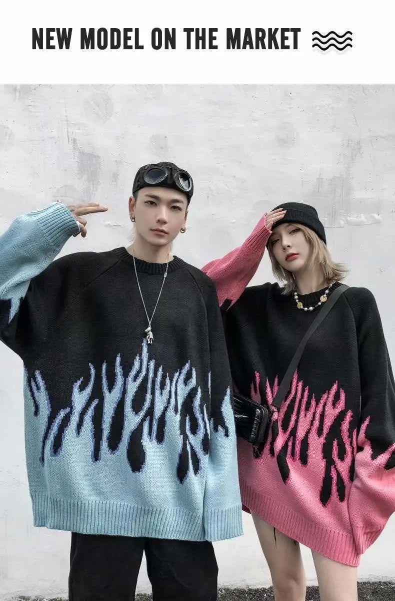 Hip Hop Mens Streetwear Harajuku Knitted Sweater Blue Fire Flame 2026 Autumn Sweater Pullover Loose HipHop Retro Vintage
