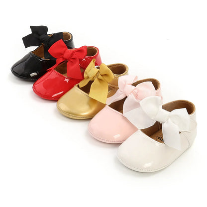 Newborn Baby Shoes Baby Boy Girl Shoes Girl Classic Bowknot Rubber Sole Anti-slip PU Dress Shoes First Walker Toddler Crib Shoes