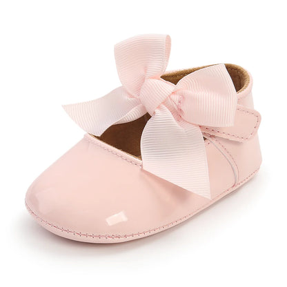 Newborn Baby Shoes Baby Boy Girl Shoes Girl Classic Bowknot Rubber Sole Anti-slip PU Dress Shoes First Walker Toddler Crib Shoes