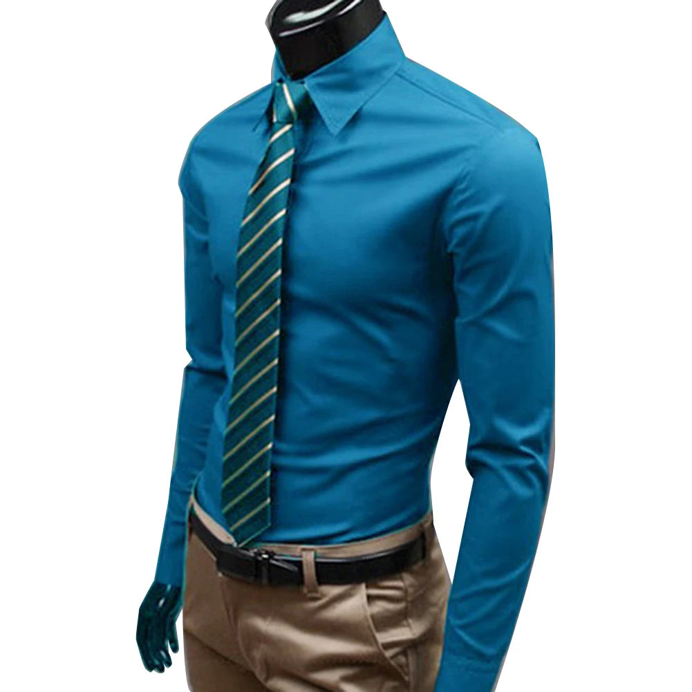 Men Dress Shirt New Fashion Men Solid Color Business Long Sleeve Men Button Turn Down Collar Shirt Top Polyester