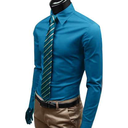 Men Dress Shirt New Fashion Men Solid Color Business Long Sleeve Men Button Turn Down Collar Shirt Top Polyester
