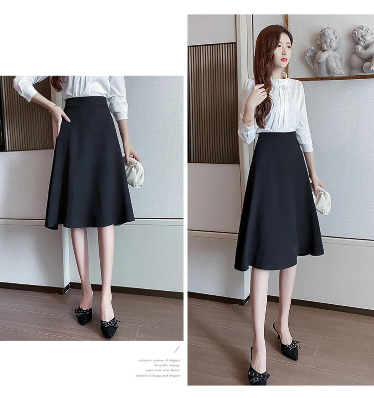 Women Skirts High Waist Knee-length A-line Black Skirt Casual All-match Elegant Ladies Gentle Ulzzang Trendy Solid Streetwear OL