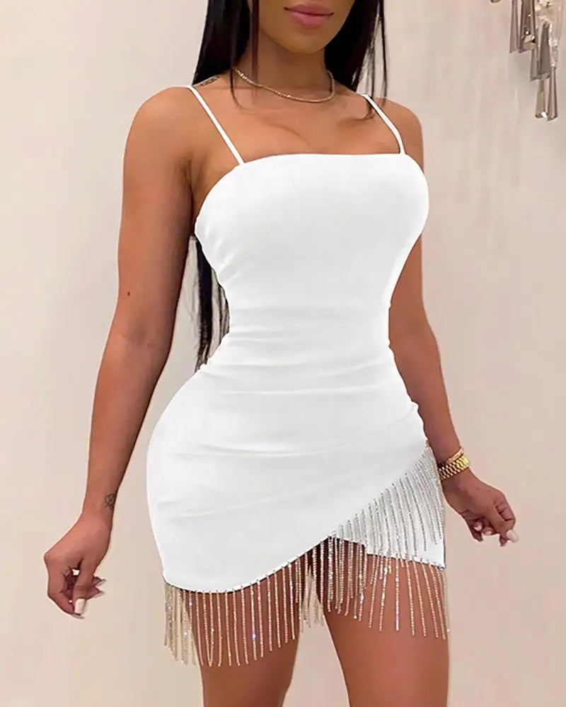 Sexy Dresses Woman Party Night Birthday Tassel Split Sleeveless Bodycon Dress Summer Elegant Suspender Short Mini Pencil Dress