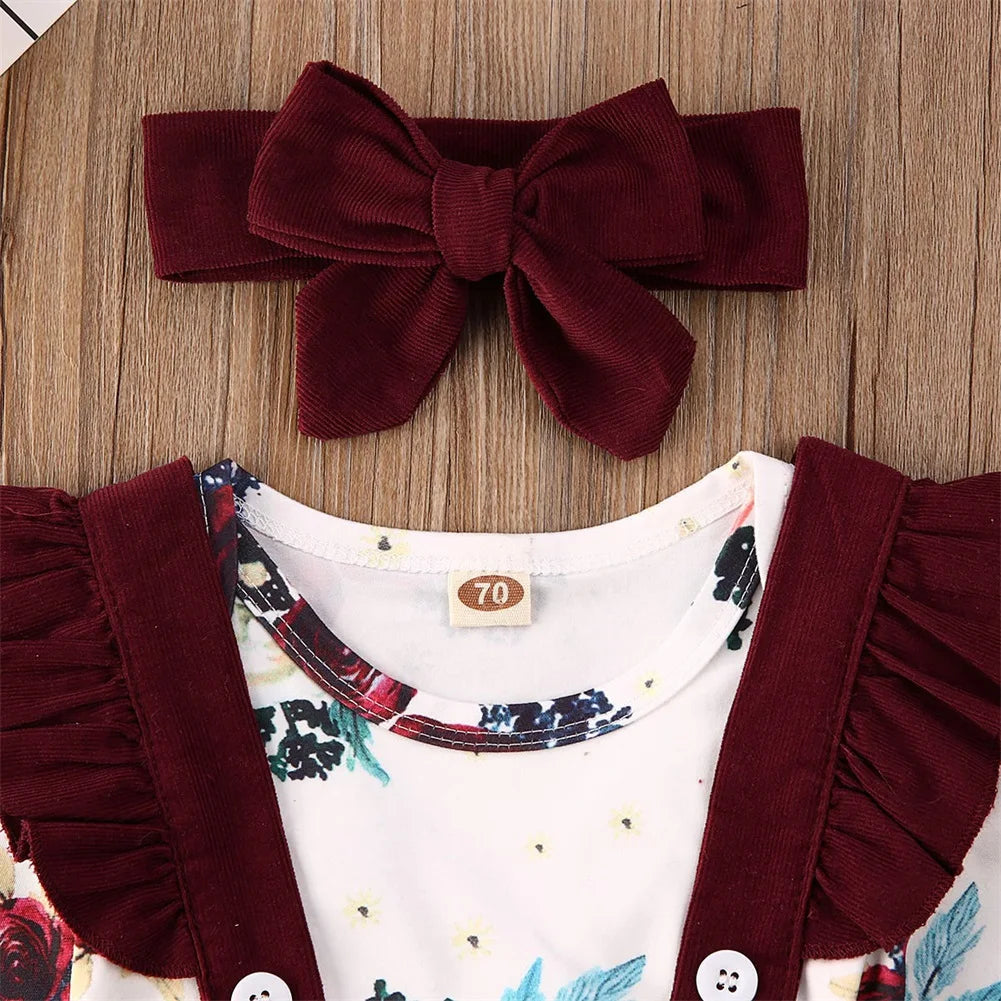 Newborn Baby Girl Clothes Set Floral Bodysuit Romper Jumpsuit Tops T Shirt Suspender Skirts Bow Headband Outfit