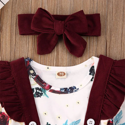 Newborn Baby Girl Clothes Set Floral Bodysuit Romper Jumpsuit Tops T Shirt Suspender Skirts Bow Headband Outfit