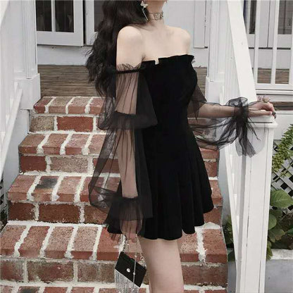 New 2026 Black Retro Dress Women Lace Chiffon Mini Dress Female High Street Sexy Korean Fashion Dress Women Club Dress