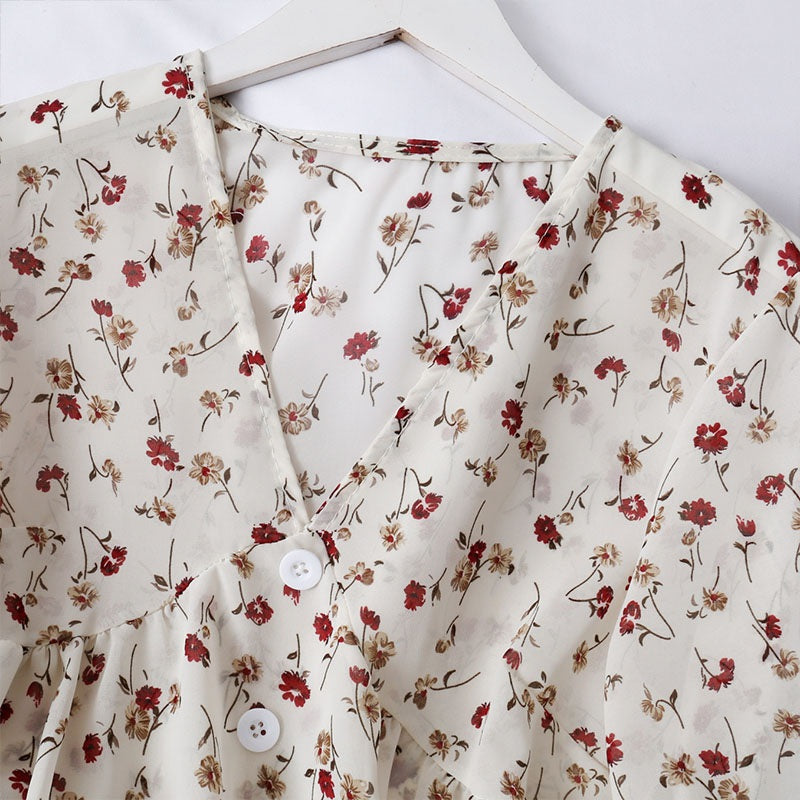 Chiffon Floral Blouses For Women Soft Retro Chic Ladies Shirts  Temperament Fresh Popular Trendy Ulzzang Button Femme Clothing