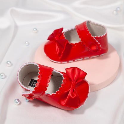 Newborn Baby Shoes Baby Boy Girl Shoes Girl Classic Bowknot Rubber Sole Anti-slip PU Dress Shoes First Walker Toddler Crib Shoes