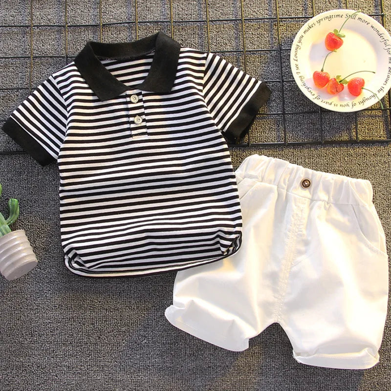 Summer Short Sleeve Clothes Baby Clothing Sets Kids Striped Polo-shirt + Shorts Outfits Toddler Infant Boys Casual Wear
