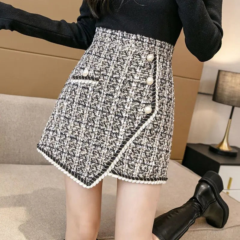 Tweed Skirts for Women Solid High Waist Slimming Skirts Autumn Spring 2026 Buttons Double Breasted Tweed Wool Mini Skirt