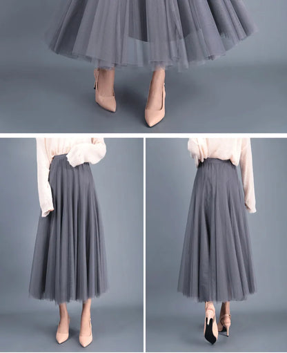 OHRYIYIE Beige Maxi Long Skirt Spring Autumn Women's 2025 New Summer Tulle Skirt Party Mesh A-line Skirts Female Juppe Longue
