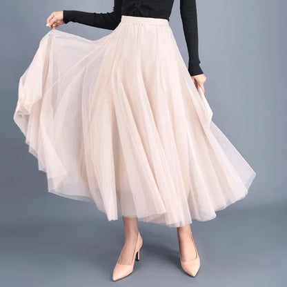 OHRYIYIE Beige Maxi Long Skirt Spring Autumn Women's 2025 New Summer Tulle Skirt Party Mesh A-line Skirts Female Juppe Longue