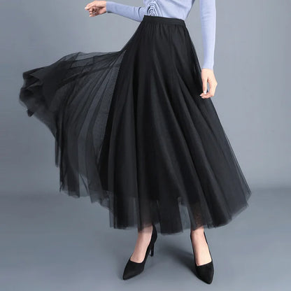 OHRYIYIE Beige Maxi Long Skirt Spring Autumn Women's 2025 New Summer Tulle Skirt Party Mesh A-line Skirts Female Juppe Longue