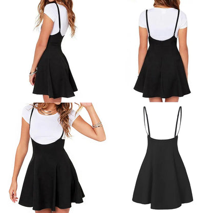 Plus Size 2XL Mini Skirt Women Black High Waist Solid Stretch Skirts Women's Preppy Flared Skater Swing Short Suspender Skirts
