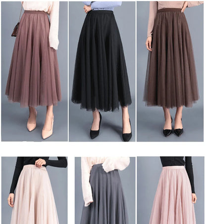 OHRYIYIE Beige Maxi Long Skirt Spring Autumn Women's 2025 New Summer Tulle Skirt Party Mesh A-line Skirts Female Juppe Longue