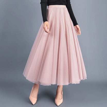 OHRYIYIE Beige Maxi Long Skirt Spring Autumn Women's 2025 New Summer Tulle Skirt Party Mesh A-line Skirts Female Juppe Longue
