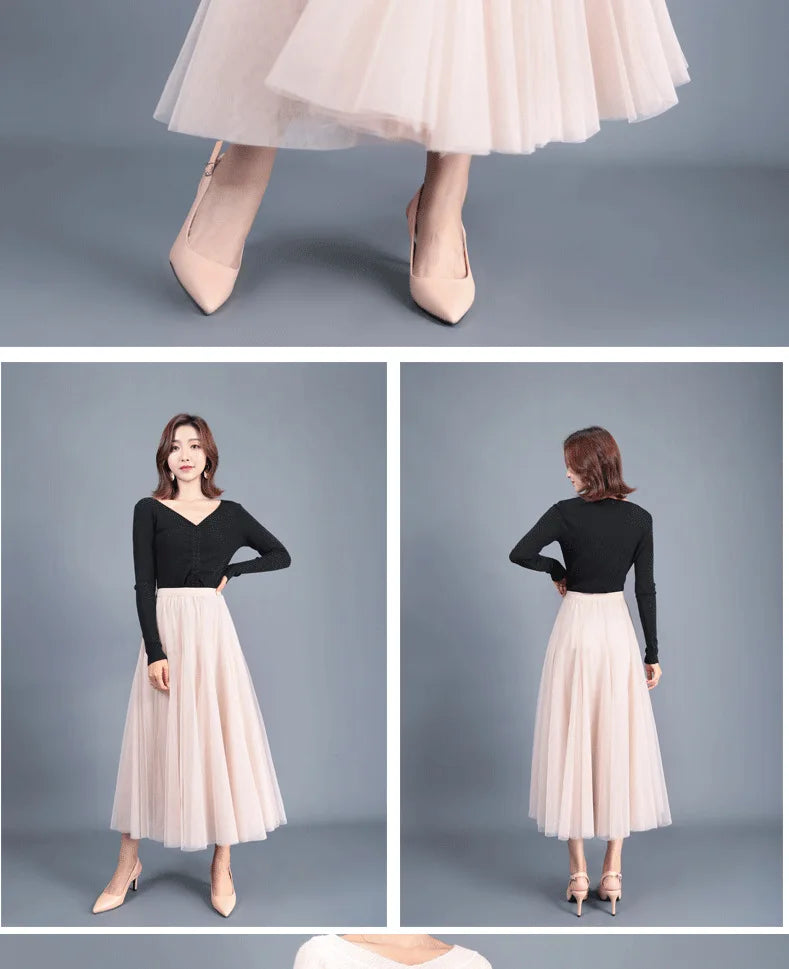 OHRYIYIE Beige Maxi Long Skirt Spring Autumn Women's 2025 New Summer Tulle Skirt Party Mesh A-line Skirts Female Juppe Longue
