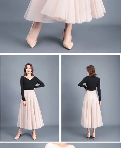 OHRYIYIE Beige Maxi Long Skirt Spring Autumn Women's 2025 New Summer Tulle Skirt Party Mesh A-line Skirts Female Juppe Longue