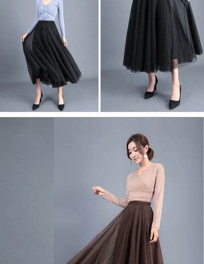 OHRYIYIE Beige Maxi Long Skirt Spring Autumn Women's 2025 New Summer Tulle Skirt Party Mesh A-line Skirts Female Juppe Longue