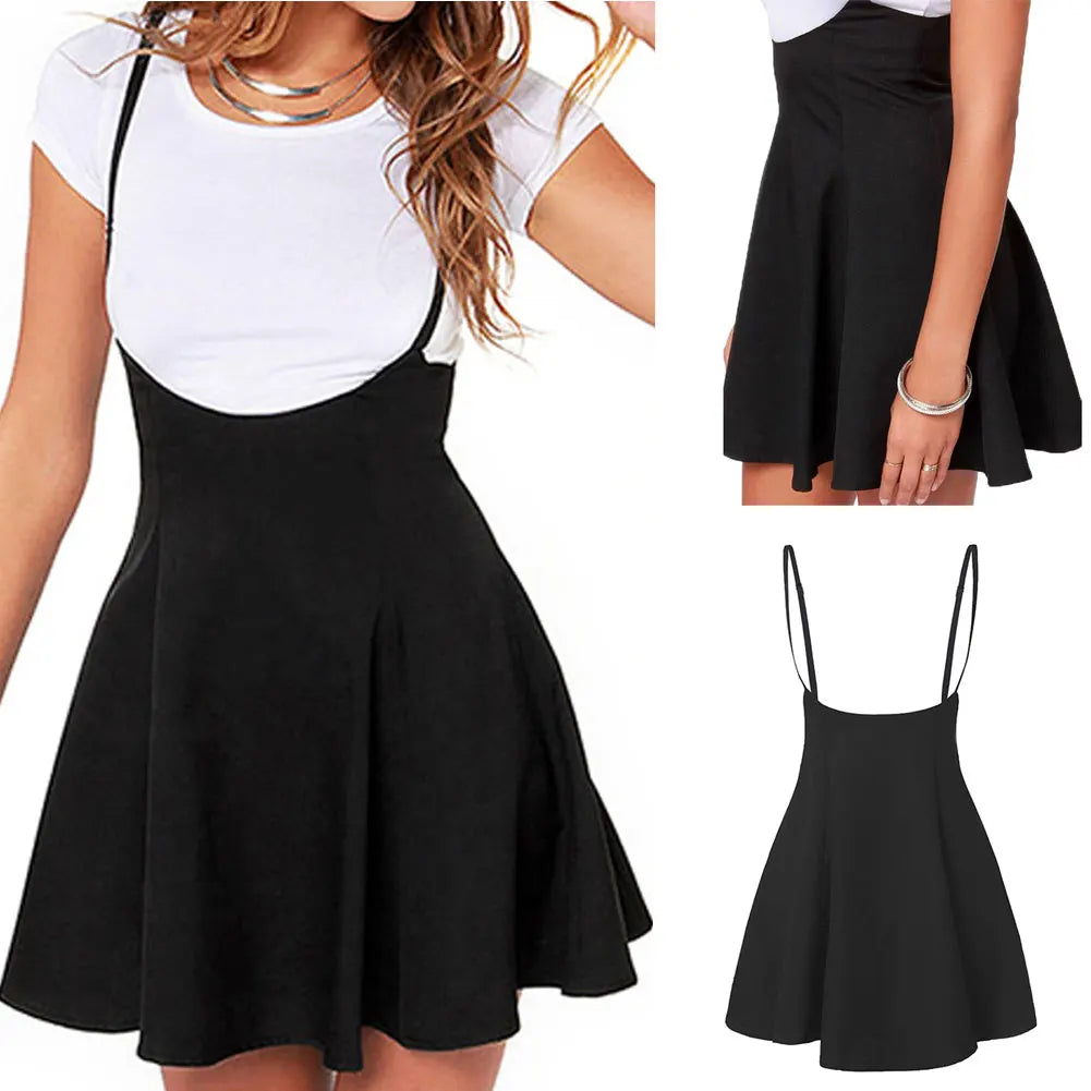 Plus Size 2XL Mini Skirt Women Black High Waist Solid Stretch Skirts Women's Preppy Flared Skater Swing Short Suspender Skirts