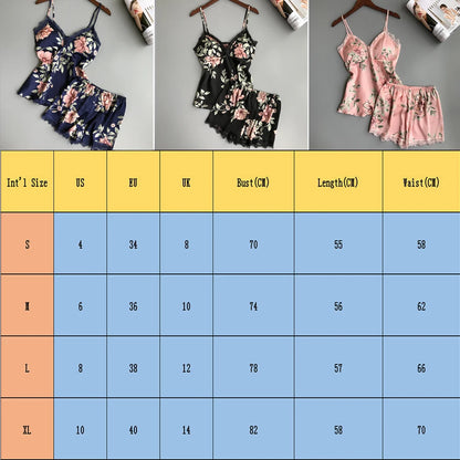 2pcs Floral Lingerie Set Women's Silk Satin Lace Vest Shorts Sleepwear Baby doll Lingerie Nightdress Pajamas Set
