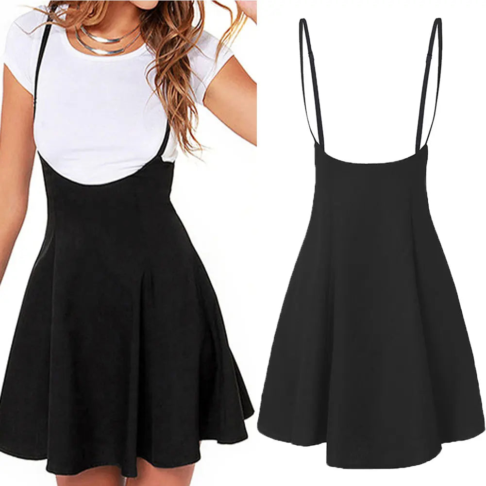 Plus Size 2XL Mini Skirt Women Black High Waist Solid Stretch Skirts Women's Preppy Flared Skater Swing Short Suspender Skirts