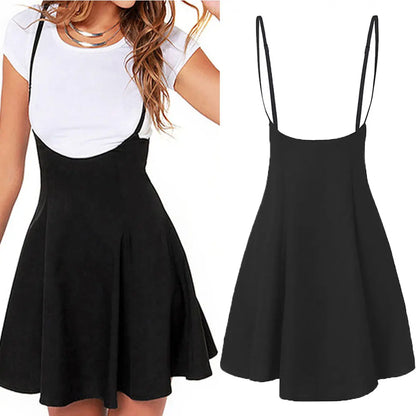 Plus Size 2XL Mini Skirt Women Black High Waist Solid Stretch Skirts Women's Preppy Flared Skater Swing Short Suspender Skirts