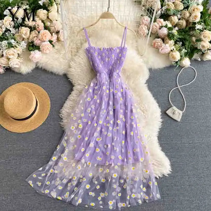 YuooMuoo Korean Fashion Daisy Flower Print Mesh Party Dress Summer Two Layers Spaghetti Strap Vacation Midi Dress Beach Vespids