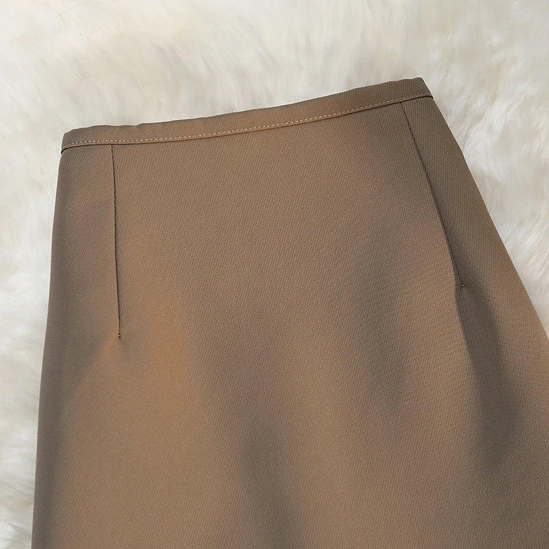 Fashion Elegant Formal Skirts Women Autumn New High Waist Drape Suit Long Brown Skirt Zipper Female
