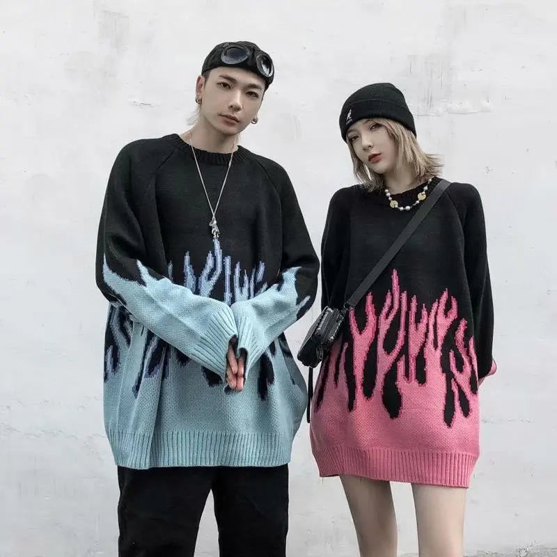 Hip Hop Mens Streetwear Harajuku Knitted Sweater Blue Fire Flame 2026 Autumn Sweater Pullover Loose HipHop Retro Vintage
