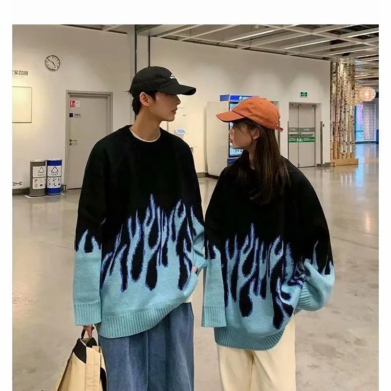 Hip Hop Mens Streetwear Harajuku Knitted Sweater Blue Fire Flame 2026 Autumn Sweater Pullover Loose HipHop Retro Vintage