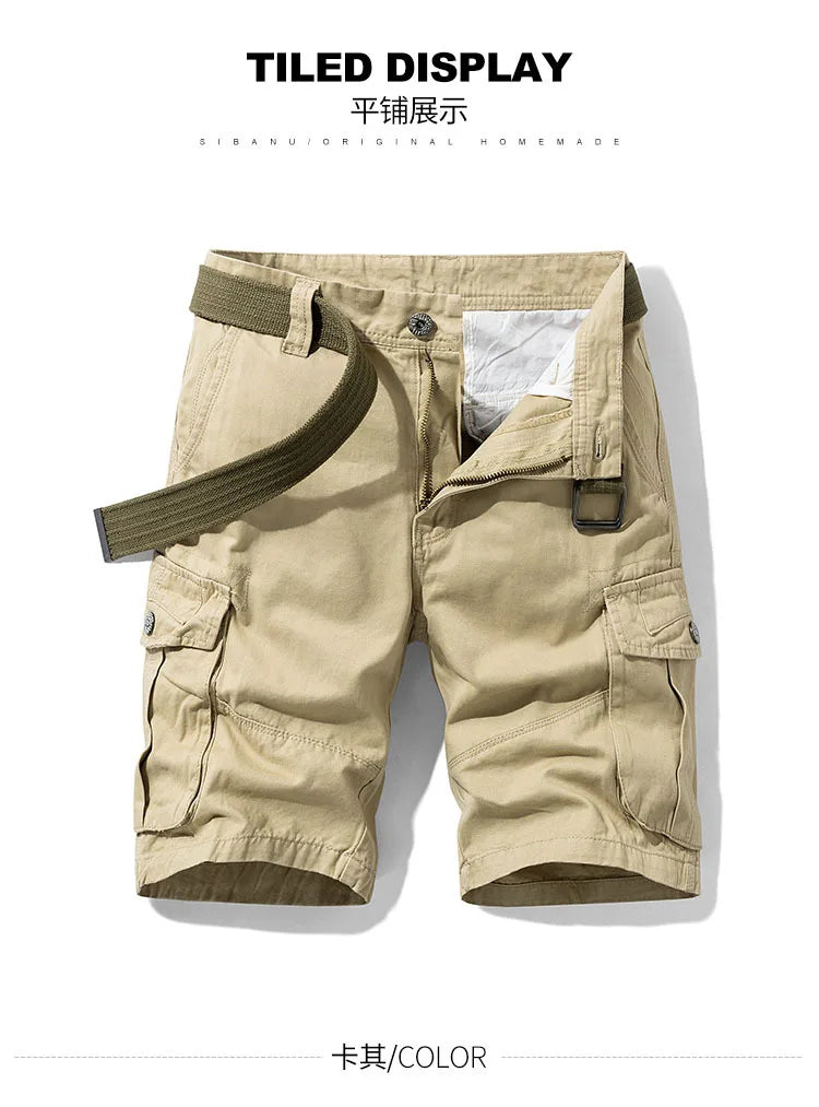 2026 Summer Men's Baggy Multi Pocket Military Cargo Shorts Male Cotton Khaki Men's Tactical Shorts Short Pants 30-38 No Belt