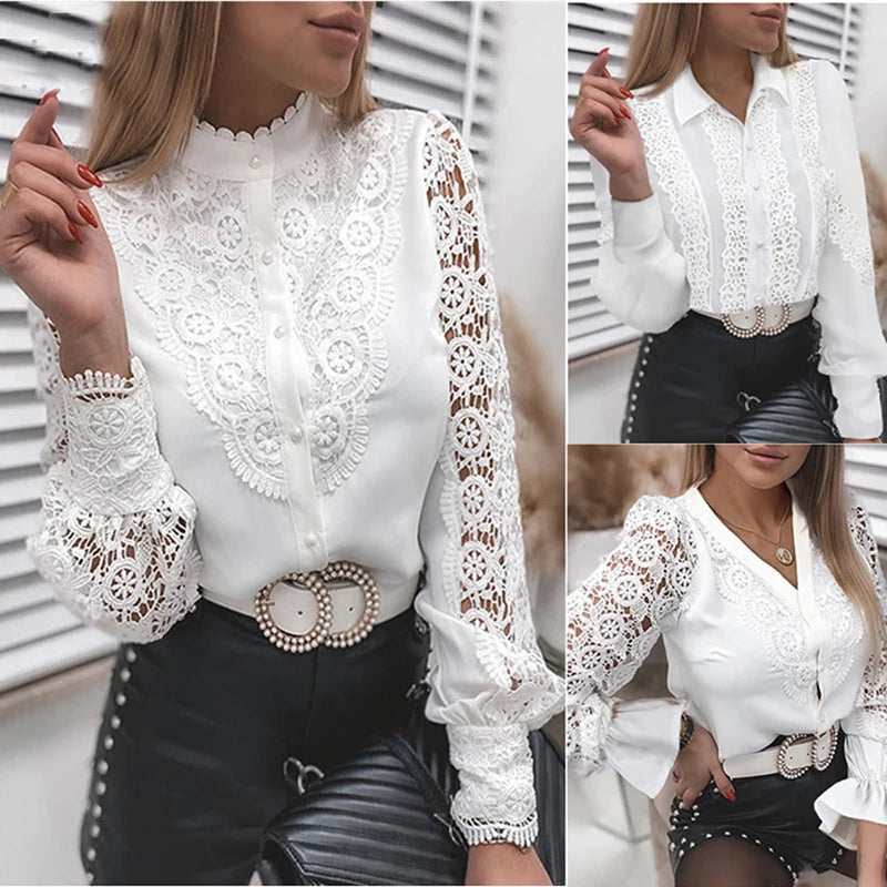 Shirts Elegant Office Ladies White Collared Lace Patchwork Hollow Out Button Up Women's Tops And Blouses 2026 Fashion New Blouse