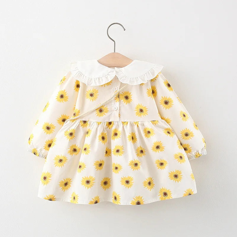 2Piece Spring Fall Toddler Girl Clothes Set Korean Cute Doll Collar Long Sleeve Print Flowers Dress+ Bag Newborn Baby Dresses 074