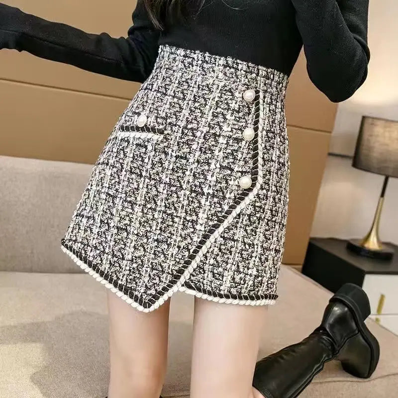 Tweed Skirts for Women Solid High Waist Slimming Skirts Autumn Spring 2026 Buttons Double Breasted Tweed Wool Mini Skirt