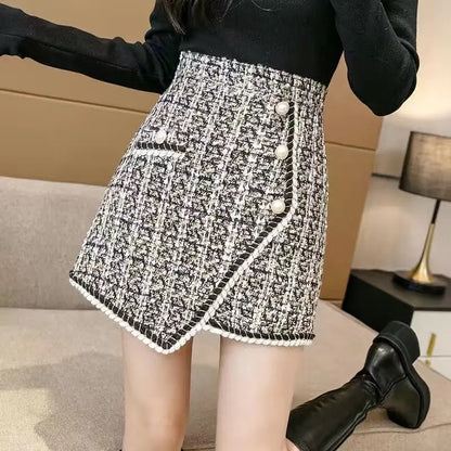 Tweed Skirts for Women Solid High Waist Slimming Skirts Autumn Spring 2026 Buttons Double Breasted Tweed Wool Mini Skirt