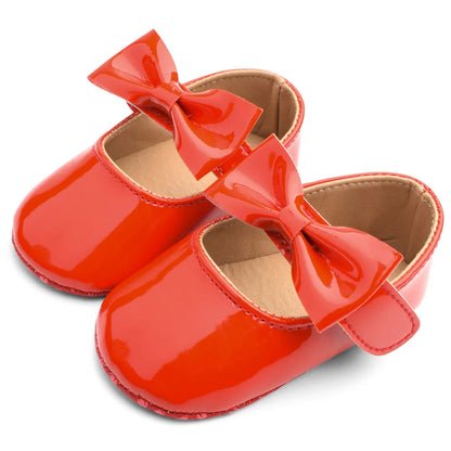 New Newborn Baby Girls Shoes Patent Leather Buckle First Walkers with Bow Red Black Pink White Soft Soled Non-slip Crib Shoes