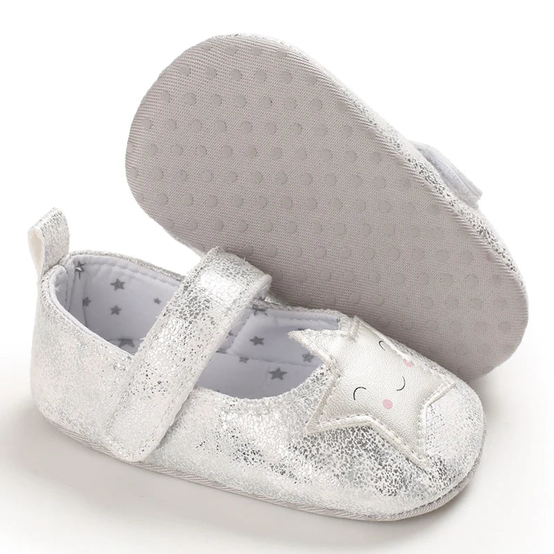 Cute 0-18M Spring Newborn Silver Baby Shoes Non Slip Cloth Bottom Girl Shoes Elegant Breathable Casual Baby First Walking Shoes
