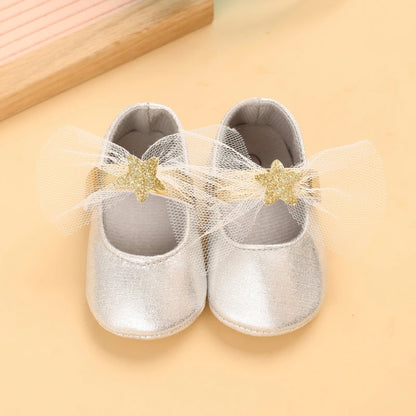 Cute 0-18M Spring Newborn Silver Baby Shoes Non Slip Cloth Bottom Girl Shoes Elegant Breathable Casual Baby First Walking Shoes