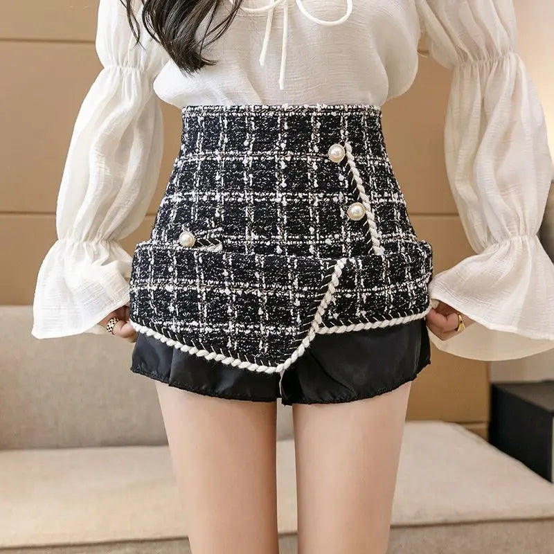 Tweed Skirts for Women Solid High Waist Slimming Skirts Autumn Spring 2026 Buttons Double Breasted Tweed Wool Mini Skirt