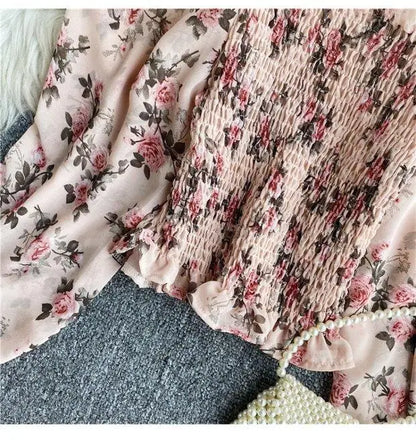 Blouse Women Autumn Retro Sexy Square-Neck Chiffon Shirt Long Sleeve Women's High Waist Short Blusas Ropa De Mujer