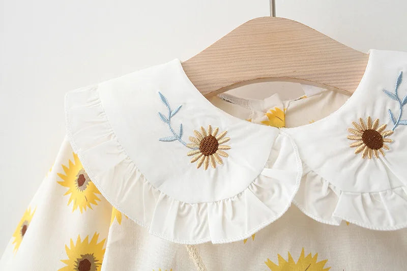 2Piece Spring Fall Toddler Girl Clothes Set Korean Cute Doll Collar Long Sleeve Print Flowers Dress+ Bag Newborn Baby Dresses 074