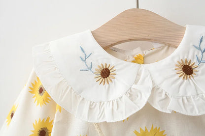 2Piece Spring Fall Toddler Girl Clothes Set Korean Cute Doll Collar Long Sleeve Print Flowers Dress+ Bag Newborn Baby Dresses 074