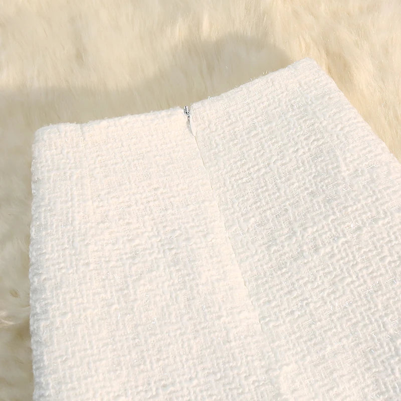 Black White Tweed Long Skirts Women Autumn Winter New Bright Silk Skirt Female Vintage High Waist A-line Wrap Skirt Office Lady