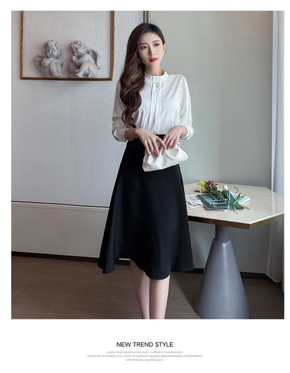 Women Skirts High Waist Knee-length A-line Black Skirt Casual All-match Elegant Ladies Gentle Ulzzang Trendy Solid Streetwear OL