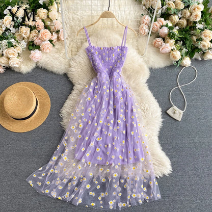 YuooMuoo Korean Fashion Daisy Flower Print Mesh Party Dress Summer Two Layers Spaghetti Strap Vacation Midi Dress Beach Vespids