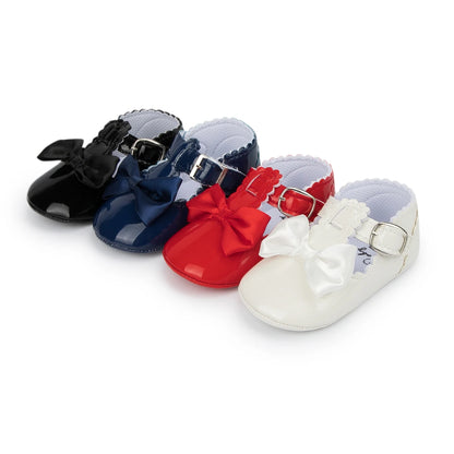 Newborn Baby Shoes Baby Boy Girl Shoes Girl Classic Bowknot Rubber Sole Anti-slip PU Dress Shoes First Walker Toddler Crib Shoes