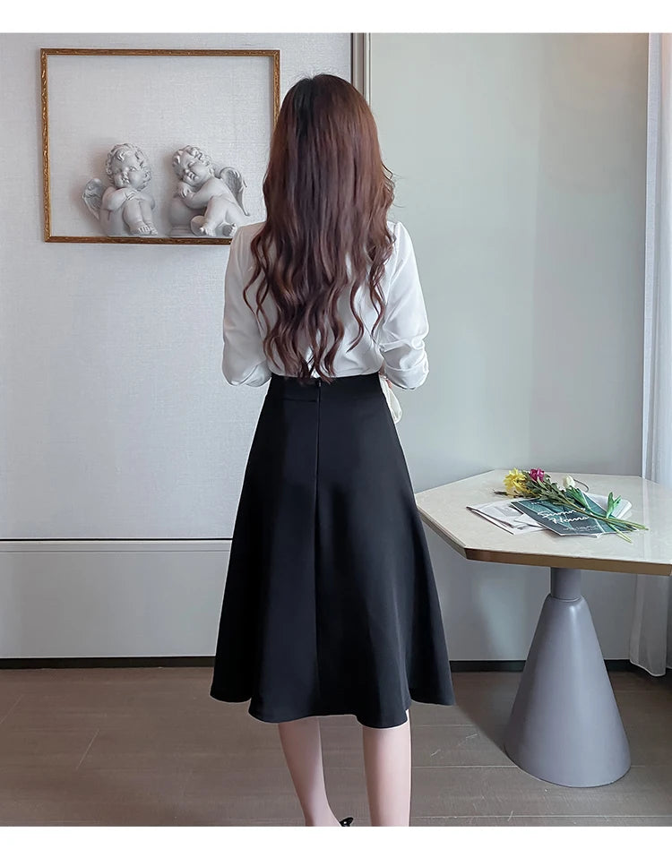 Women Skirts High Waist Knee-length A-line Black Skirt Casual All-match Elegant Ladies Gentle Ulzzang Trendy Solid Streetwear OL
